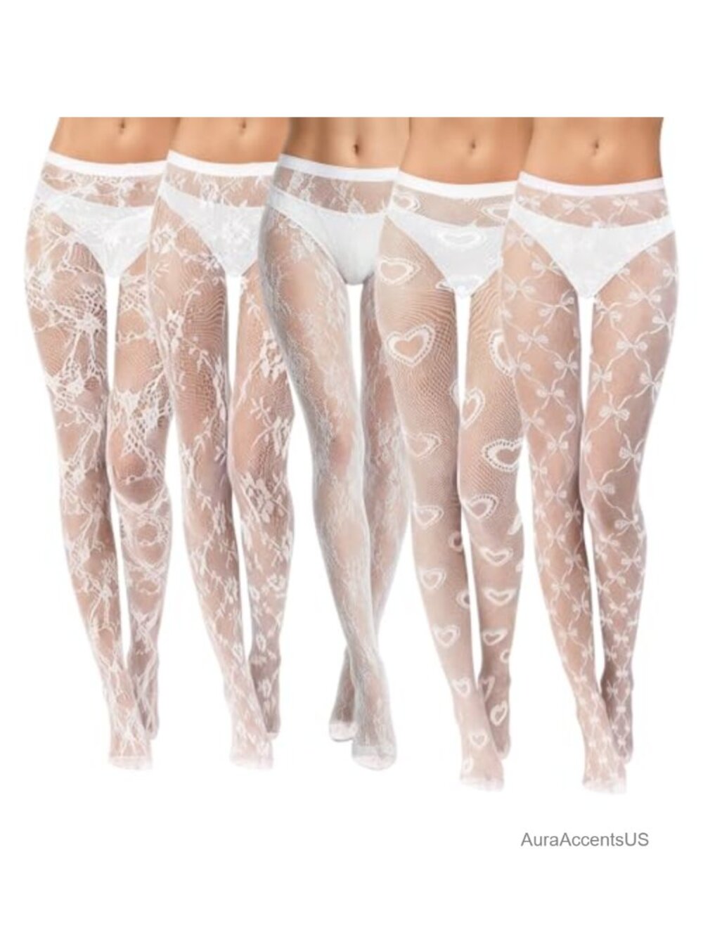 5 Pairs White Lace Tights Women Floral Fishnet Sheer Pantyhose Nylon Spandex